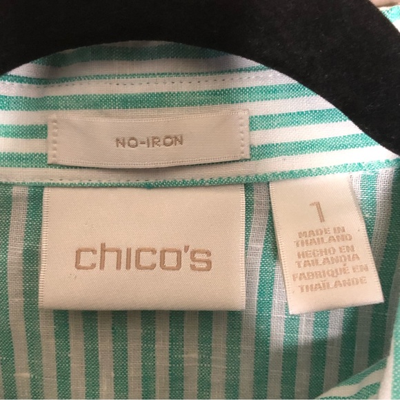 Chicos 100% Linen Green White Striped Collared Buttoned Tie Front Blouse Size M - Picture 5 of 6
